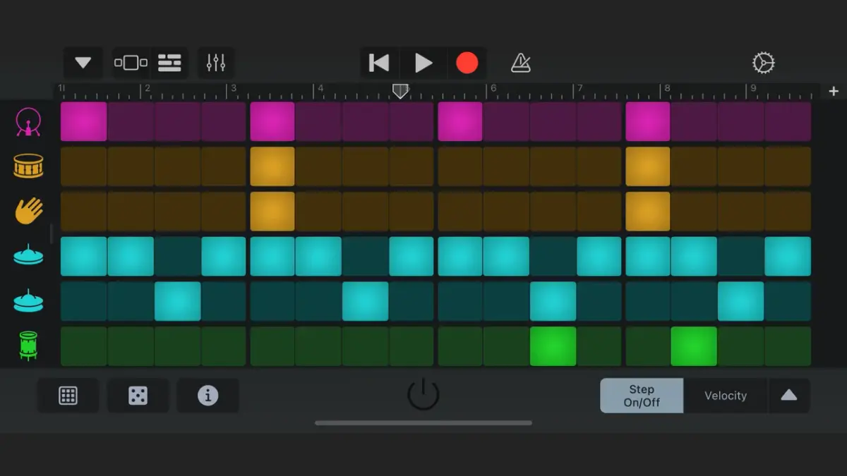 GarageBand's Beat Sequencer on iPhone: rows for kick, snare, clap, hi-hats and percussion, with steps switched on across the grid