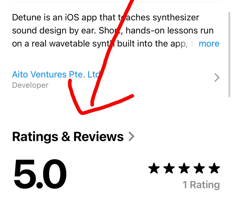 The Detune listing in the App Store, scrolled down to the Ratings & Reviews section, with an arrow pointing to it.