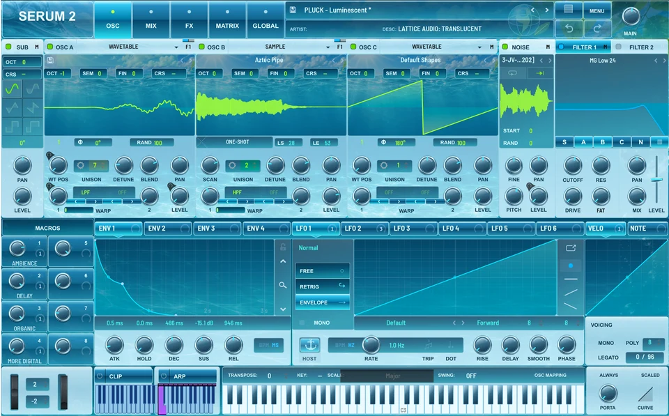 Frutiger Aero skin for Serum 2, with aquatic blue panels and lime waveforms